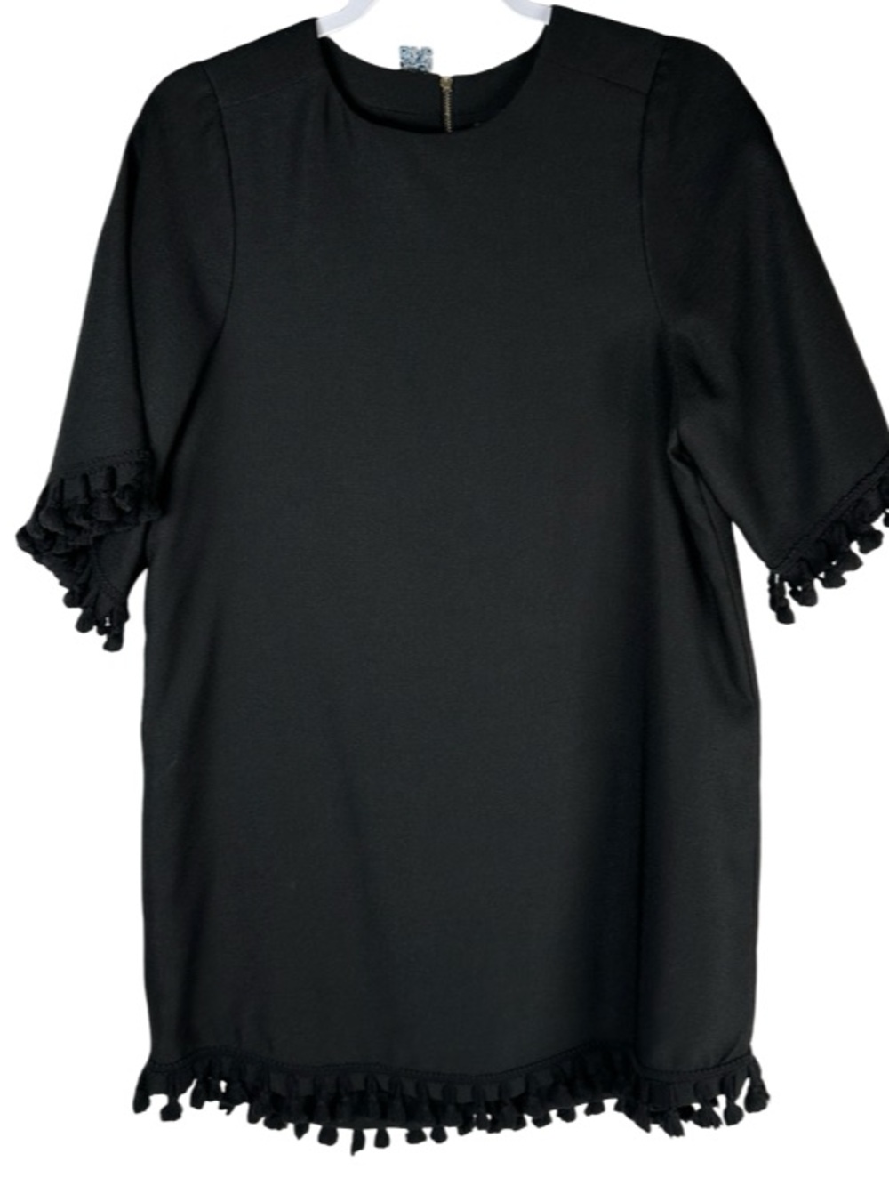 Blaque Label Solid Black Tassel Trim Boho Shift Mini Dress Women’s Size Small